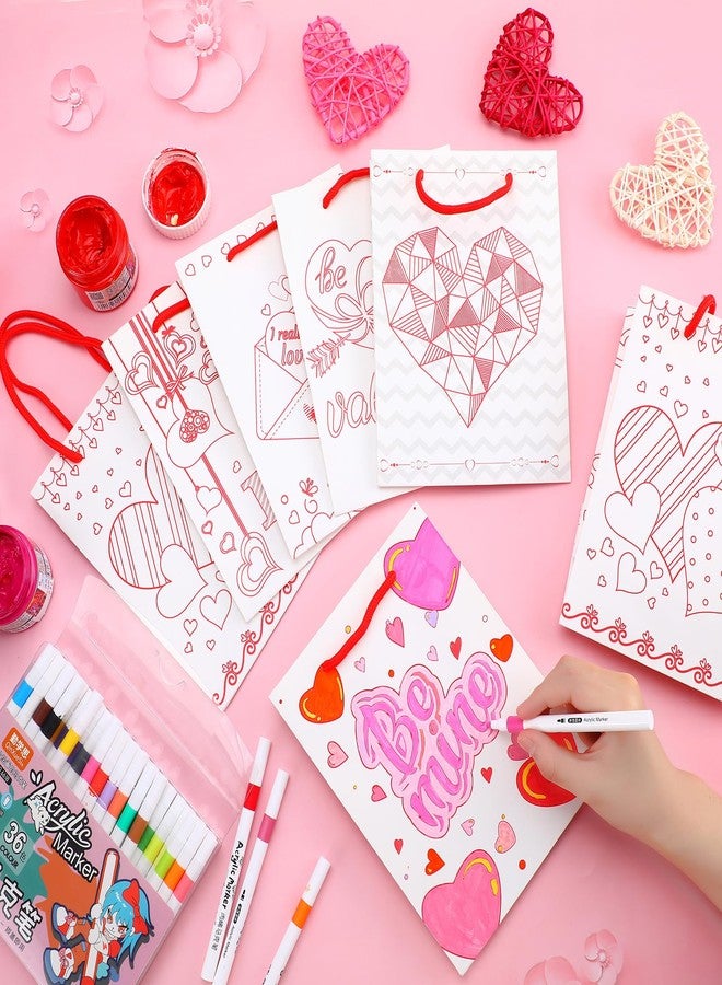Resholder 24 Pcs Color Your Own Valentine Gift Bags with Handle Heart Paper Candy Goodie Bags to Paint DIY Coloring Crafts Exchange Gifts for Valentine's Day Party Favors - Image 4